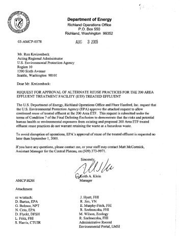 Hanford - Treated Effluent (TE) Reuse Request Letter & Attachment ...