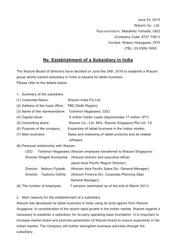 Re: Establishment of a Subsidiary in India - Wacom