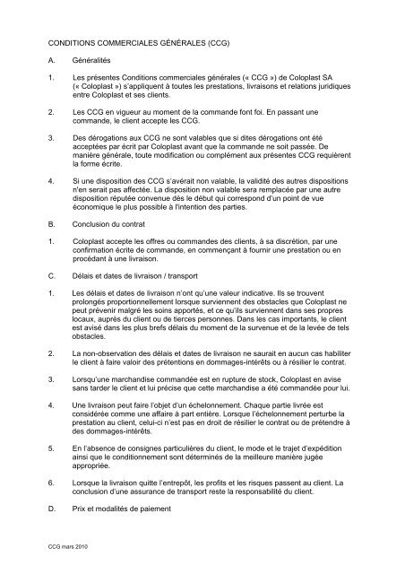 CONDITIONS COMMERCIALES GÉNÉRALES (CCG) A ... - Coloplast