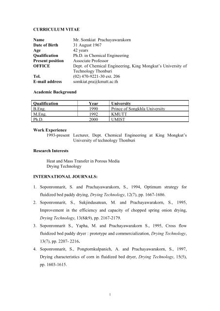 CURRICULUM VITAE Name Mr. Somkiat Prachayawarakorn ... - kmutt