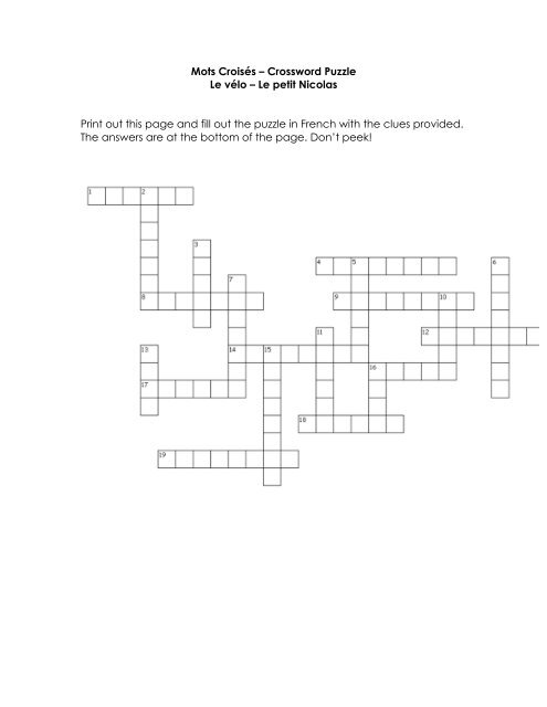 Mots CroisÃ©s â€“ Crossword Puzzle Le vÃ©lo â€“ Le petit - French Etc