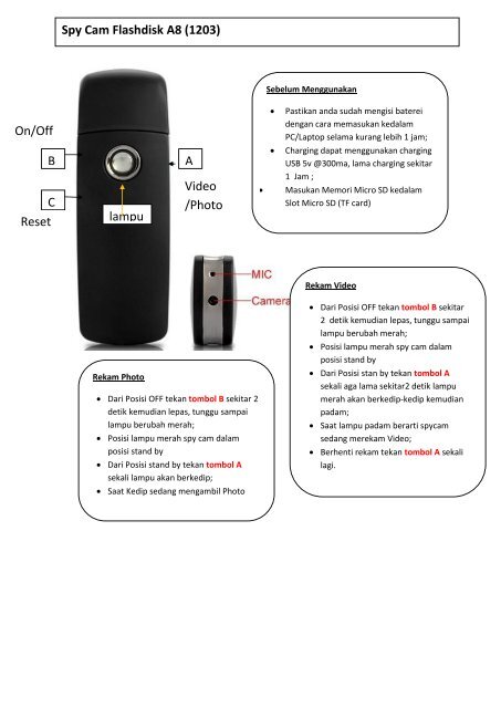 Buku manual cara menggunakan spy cam flashdisk 1203