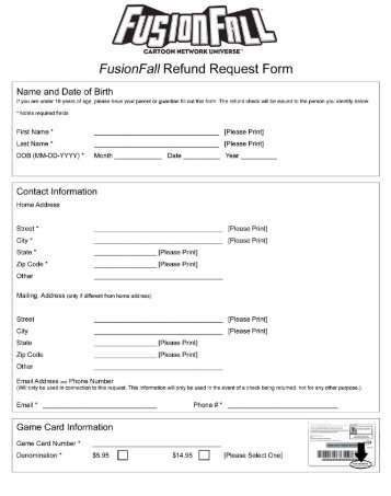 FusionFall Refund Request Form - Cartoon Network