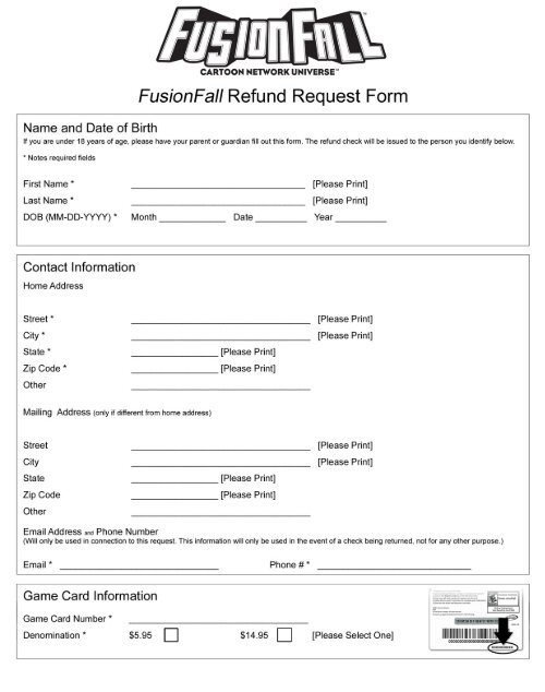 FusionFall Refund Request Form - Cartoon Network