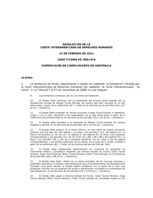 Caso: Ticona vs. Bolivia - Corte Interamericana de Derechos ...