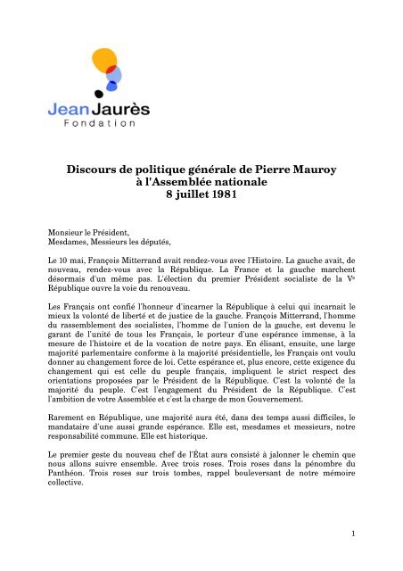 Le discours de Pierre Mauroy Ã  l'AssemblÃ©e - Fondation Jean-JaurÃ¨s
