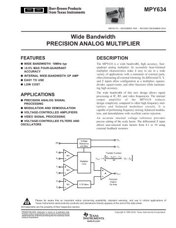 MPY634: Wide Bandwidth Precision Analog Multiplier (Rev. A
