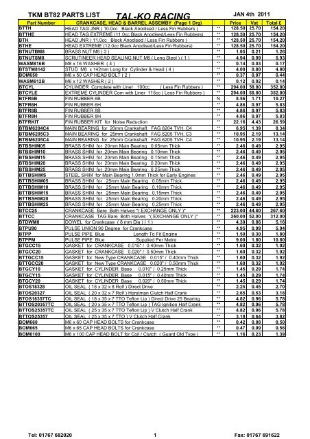 BT82 Engine Parts List - Tal-Ko