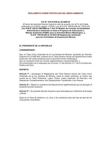 Sobre el Medio Ambiente, D.S NÂ° 016-93-EM - Ministerio de EnergÃ­a ...