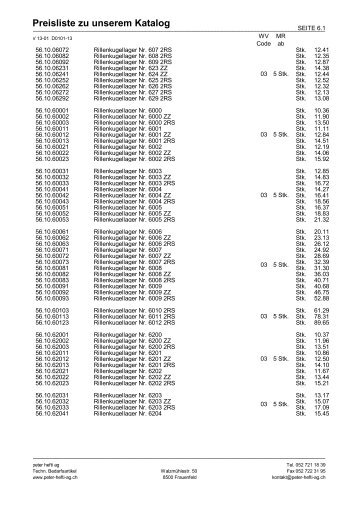 Preisliste fÃ¼r WÃ¤lzlager + Wellendichtringe - Peter Hefti AG