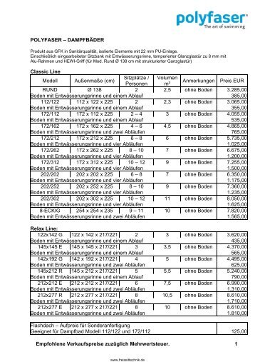 Preisliste von Polyfaser Dampfbädern