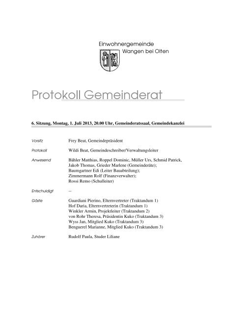 Protokoll - Einwohnergemeinde Wangen bei Olten