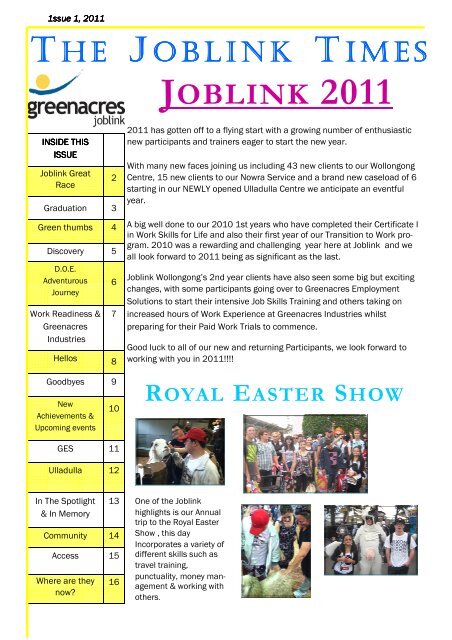 Joblink Times Issue 2 2011 - Greenacres Disability Services