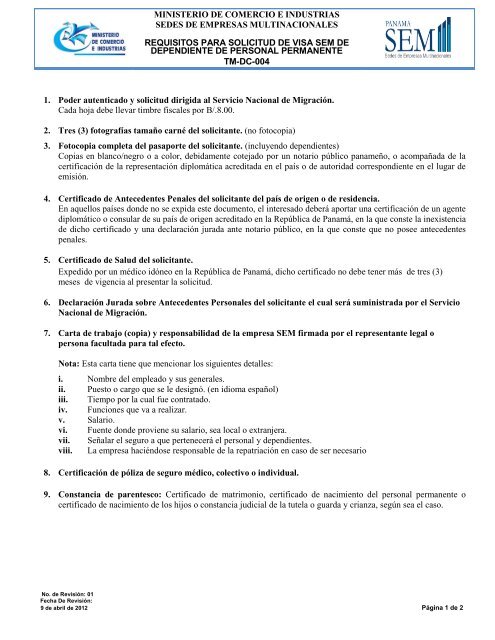 Requisitos para Visa para Dependiente de Personal Permanente SEM