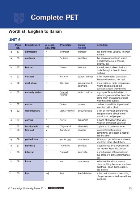 Complete PET wordlist (pdf) - Italian - Cambridge University Press