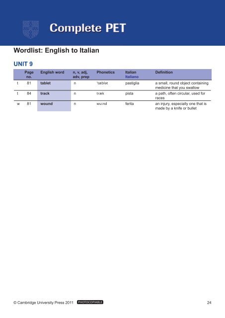 Complete PET wordlist (pdf) - Italian - Cambridge University Press