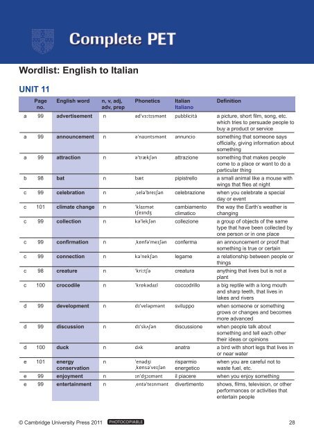 Complete PET wordlist (pdf) - Italian - Cambridge University Press