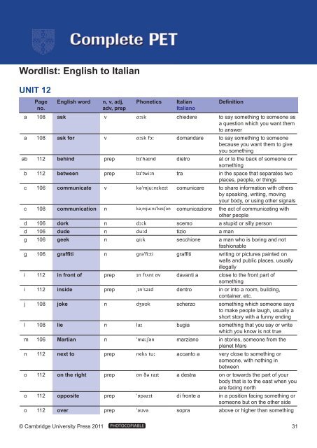 Complete PET wordlist (pdf) - Italian - Cambridge University Press