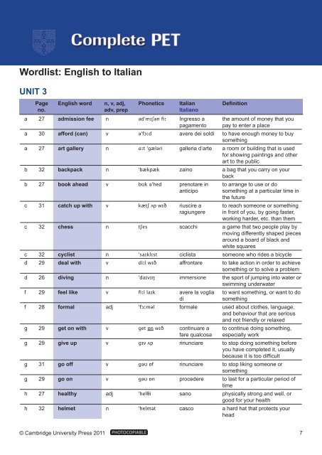 Complete PET wordlist (pdf) - Italian - Cambridge University Press