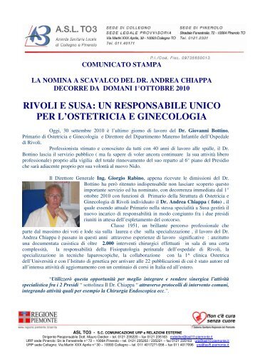 RIVOLI E SUSA: UN RESPONSABILE UNICO PER L ... - ASL TO3