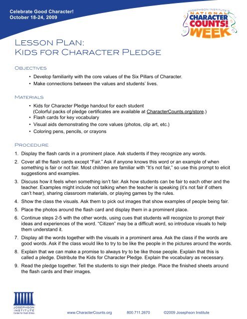 Lesson Plan Kids For Character Pledge Character Counts