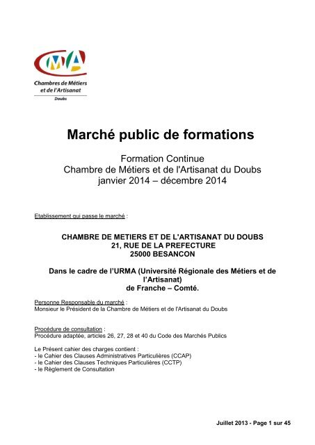 cahier des charges - Chambre de mÃ©tiers et de l'artisanat du Doubs