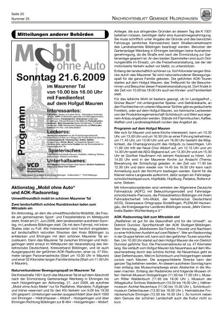 AOK-Radsonntag am 21. Juni 2009 Herzliche ... - Hildrizhausen