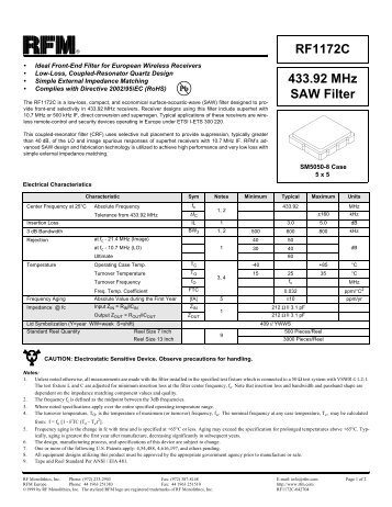 433.92 MHz SAW Filter RF1172C - RF Monolithics, Inc.