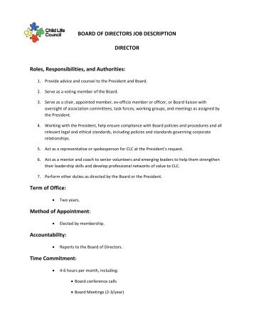 BOARD OF DIRECTORS JOB DESCRIPTION ... - Child Life Council