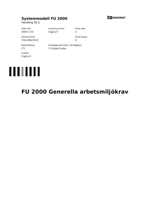 FU 2000 Generella arbetsmiljÃ¶krav - Banportalen