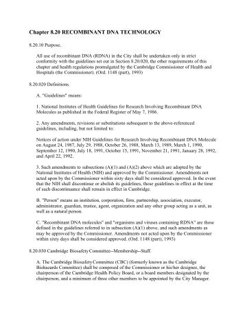 Recombinant DNA Ordinance - Cambridge Public Health Department