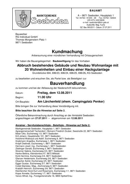 Kundmachung Bauverhandlung - Marktgemeinde Seeboden