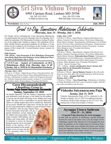 July 2010 Newsletter - Sri Siva Vishnu Temple