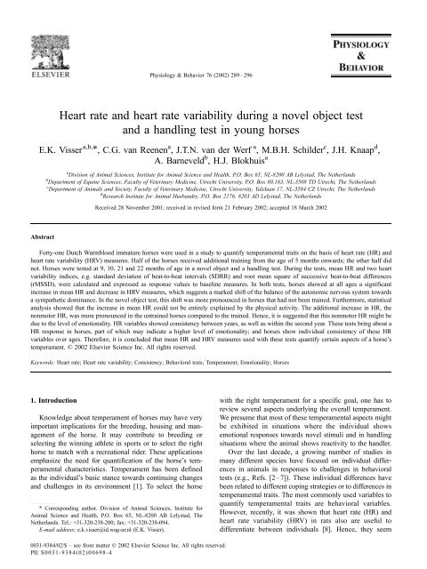 Heart rate and heart rate variability during a novel object test and a ...