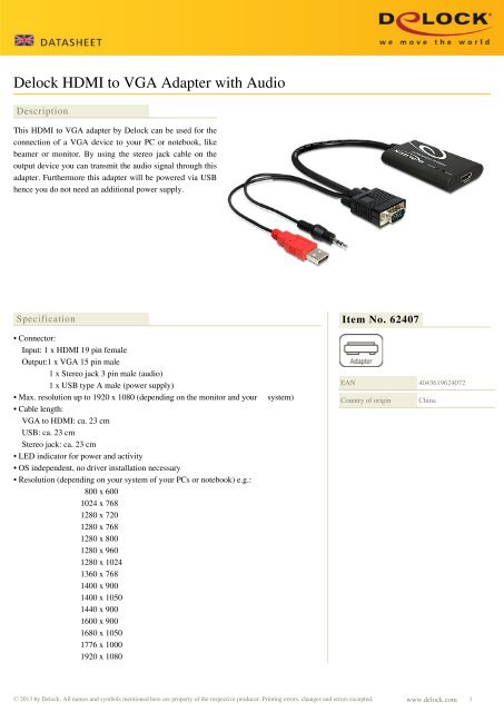 Delock HDMI to VGA Adapter with Audio