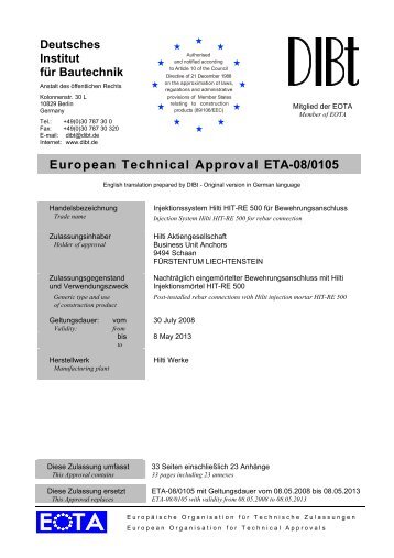 European Technical Approval ETA-08/0105