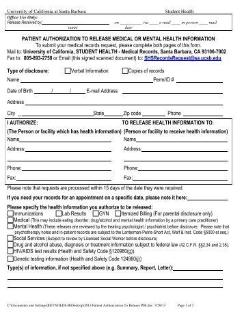 Authorization for Release of Health Information form - UCSB Student ...