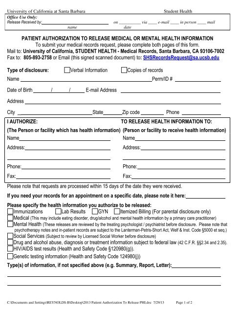 Authorization for Release of Health Information form - UCSB Student ...