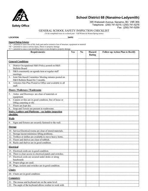 General School Safety Inspection Checklist - School District 68