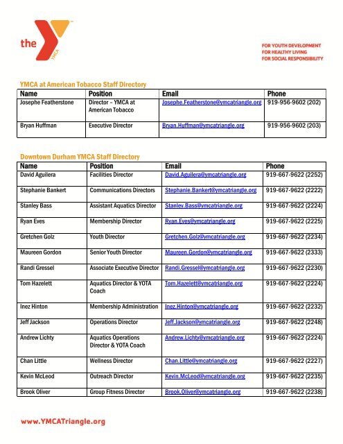 ymca american tobacco YMCA at American Tobacco Staff Directory Name Position Email