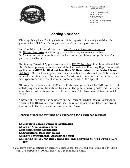 Zoning Variance Application Form - Town of Dryden