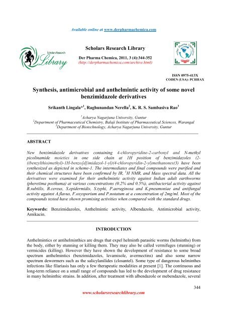 Synthesis, antimicrobial and anthelmintic activity of some novel ...