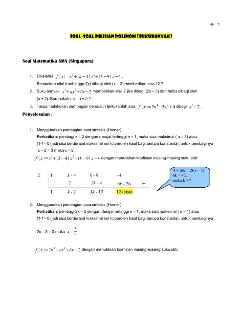 SOAL-SOAL PILIHAN POLINOM (SUKUBANYAK) Soal Matematika ...