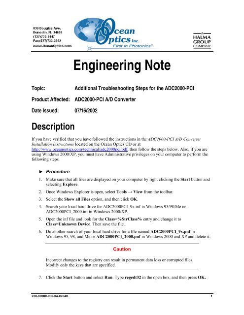 Additional Troubleshooting Steps for the ADC2000-PCI - Ocean Optics
