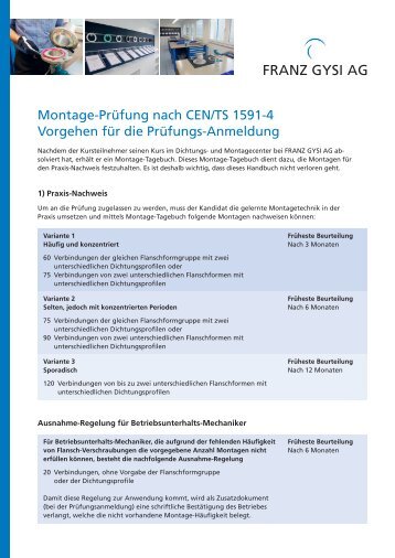 Montage-Prüfung nach CEN/TS 1591-4 Vorgehen für die Prüfungs ...