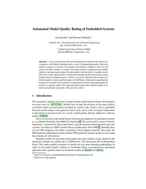 Automated Model Quality Rating of Embedded Systems