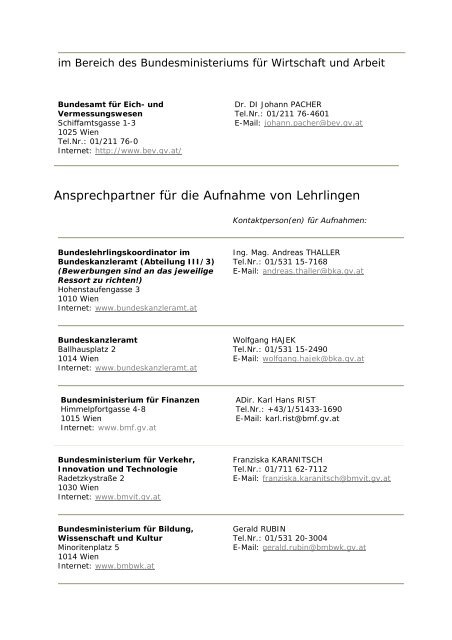 Liste von Ansprechstellen fÃ¼r Aufnahmen in den Bundesdienst