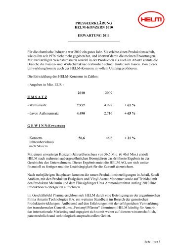 PRESSEERKLÄRUNG HELM-KONZERN 2010 ... - Helm AG