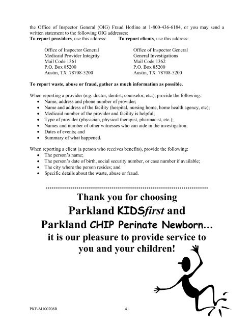 Member Handbook for Parkland KIDSfirst and Parkland CHIP ...