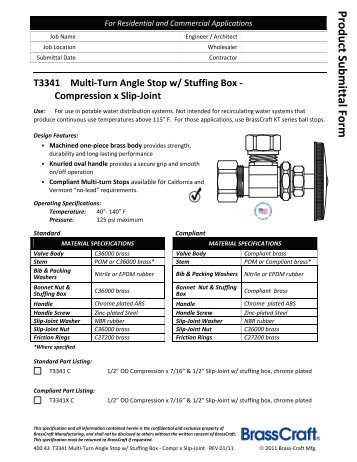 400.43 T3341 Multi-Turn Angle Stop w/ Stuffing Box ... - Brass Craft